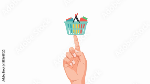 Hand balancing a full shopping basket on fingertip