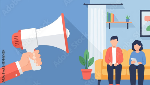 Hand holding megaphone in front of people sitting on couch