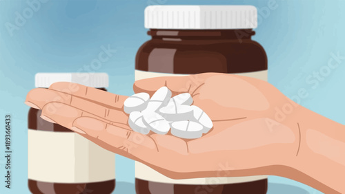 Hand holding white pills with bottles in the background