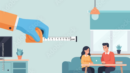 Hand in glove measures space as couple sits at table