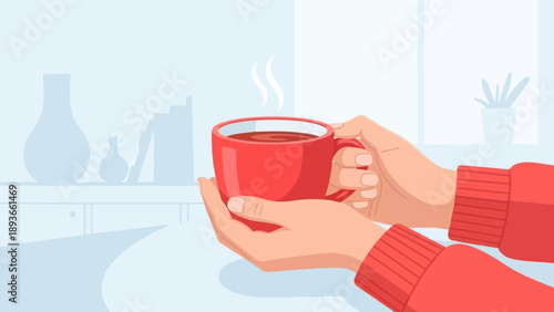 Hands holding a steaming red mug of coffee on a light blue background