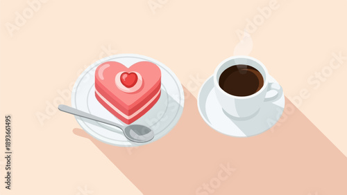 Heart shaped cake and coffee on a light background with shadows
