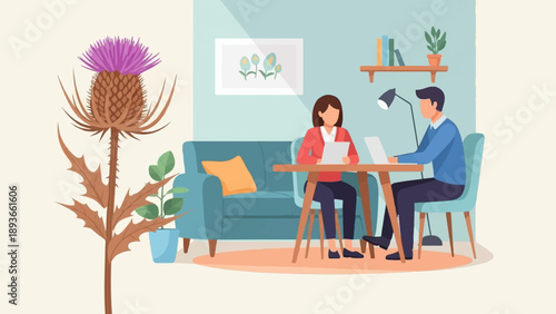 Indoor scene with a thistle plant and two people working on laptops