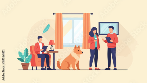 Interior scene with people, a dog, and a man reading in an armchair