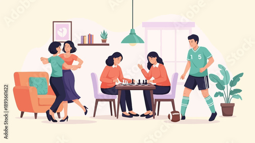 Interior scene of people enjoying leisure activities like dancing, chess, and sports