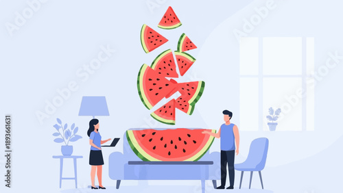 Interior scene with people and floating watermelon slices