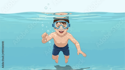 Joyful boy with snorkel mask swims underwater, bubbles rise