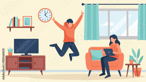 Joyful man jumps while woman uses laptop on couch in living room