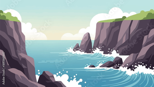 Stylized coastal cliffs with crashing waves and a pale sky