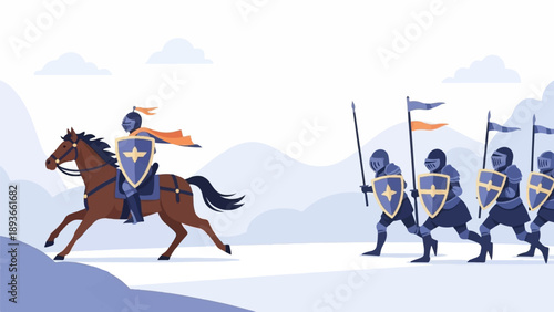 Knight on horseback leads a phalanx of armored soldiers across a winter landscape
