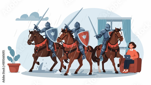 Knights on horseback ride through rain while a woman works on her laptop indoors