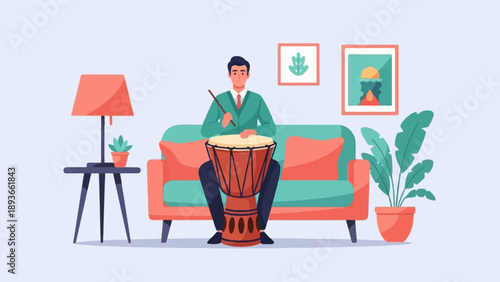 Man playing djembe drum on sofa in room