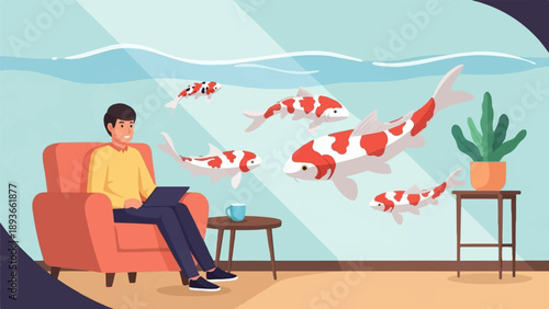 Man relaxing in armchair with laptop next to aquarium with koi fish