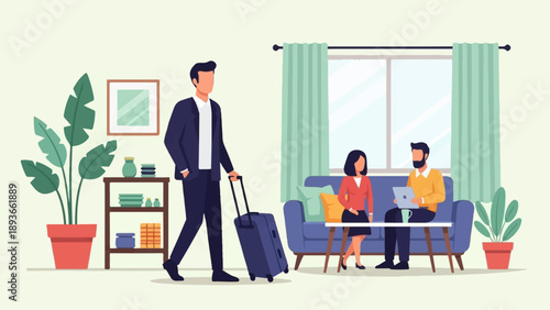 Man with suitcase enters room where couple sits on couch