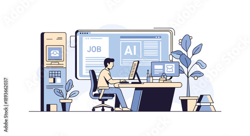 Man working at desk with AI job search on computer screen, modern office illustration