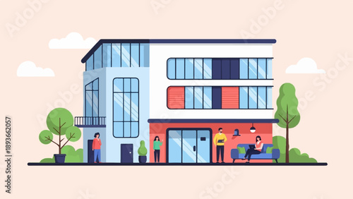 Modern building with people and trees under cloudy sky