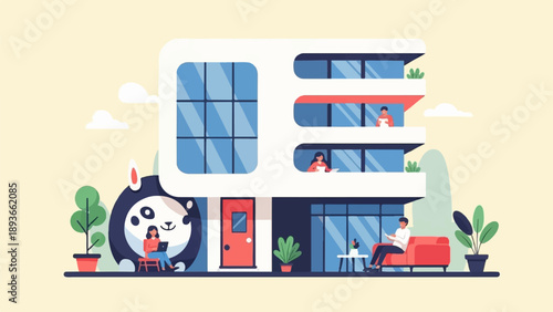 Modern building with people on balconies and by a large cartoon animal