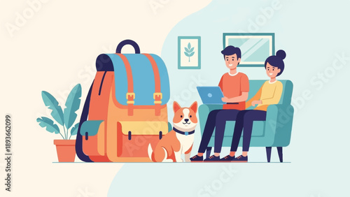 Modern home scene with backpack, dog, plants, and people on a couch