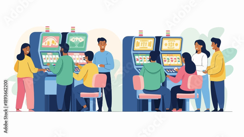 People playing slot machines in a casino setting, with colorful screens and seating