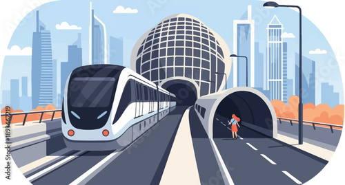 Modern train arriving at a city station with futuristic architecture