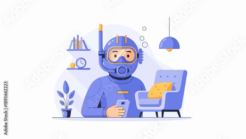 Person in scuba gear using phone in living room with chair and plant