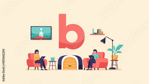 Two people relax indoors near a large letter b, a fireplace, and a TV