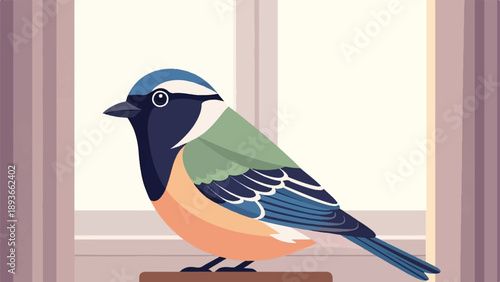 Stylized titmouse bird perched on a surface in front of window drapes