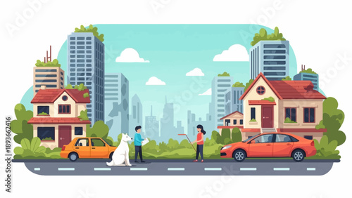 Suburban scene with houses, cars, and people walking a dog