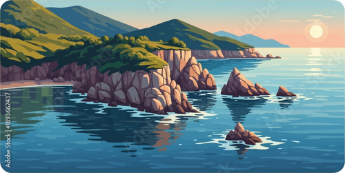 Sunlit ocean cliffs meeting tranquil blue waters under a soft pastel sky