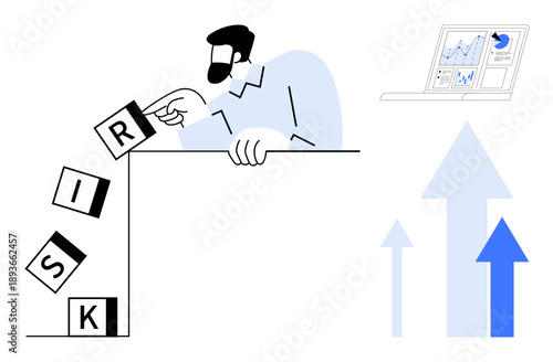 Risk management, business planning, decision-making, strategy development, financial analysis, data insights. A person rearranging falling blocks labeled risk with growth arrows and a graph on