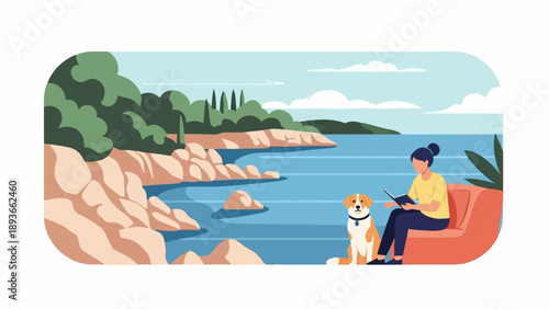 Woman reading book by the sea with her dog