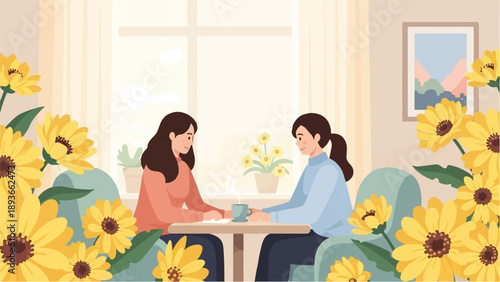 Two women share a moment over coffee amidst a floral embrace, near a window