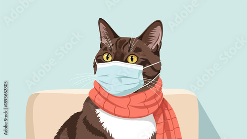 Tabby cat with yellow eyes wearing a light blue medical mask and coral scarf