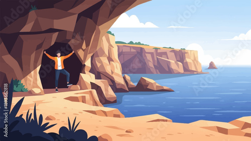 Person in cave opening overlooks a vast ocean with cliffs