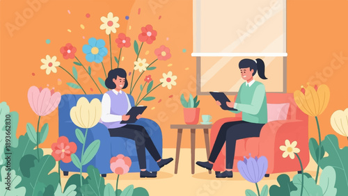 Two women sitting in chairs in a colorful room surrounded by plants