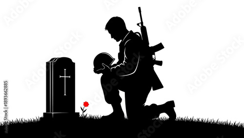 Soldier Kneeling at Grave Vector Silhouette – Military Remembrance, Fallen Hero Tribute, Cross Gravestone, Red Flower, Respectful Decorative Vector Art for Memorial Design, Stock, Catalog, Portfolio