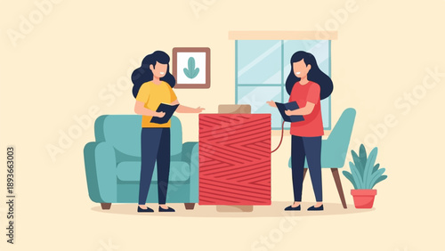 Two women with books standing next to a large spool of thread