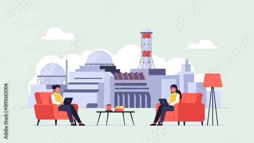 Two people relax in armchairs working on laptops with a large industrial plant in the background