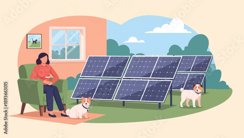 Woman relaxes indoors near solar panels with dogs in yard