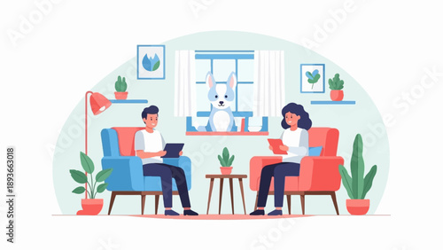 Two people relax in armchairs with a dog watching from the window