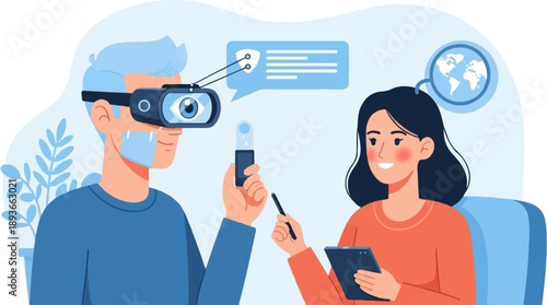 People interacting with virtual reality technology for global exploration and communication