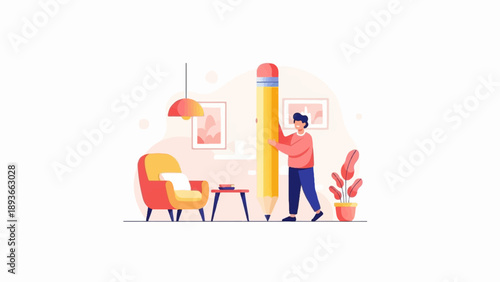 Person holding giant pencil in a stylish room