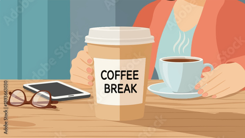 Person enjoying a coffee break with a phone and glasses on a wooden desk