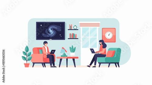 Two people work on laptops in a living room with a cosmic display