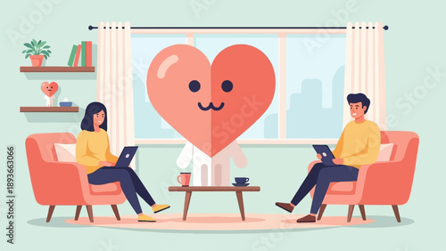 Two people relax in armchairs, each using a laptop, with a giant heart figure between them