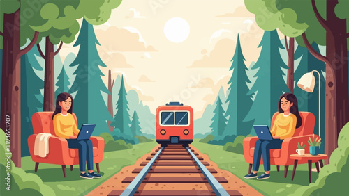 Two women work remotely with laptops in chairs by train tracks in forest