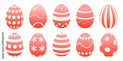Set of pink decorative Easter eggs with geometric and floral patterns. Gradient vector icons for spring holiday designs, greeting cards, banners, invitations and festive decor.