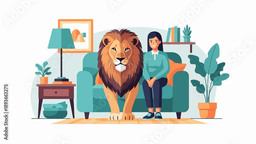 Woman sitting on sofa with a lion in a living room