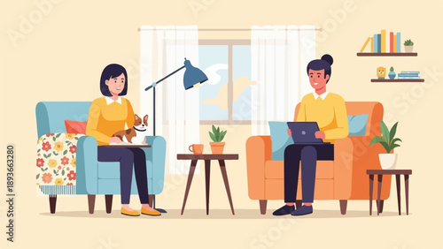 Two people relax at home with pets, laptops, and plants