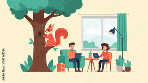 Two people work on laptops near a window, a squirrel climbs a tree